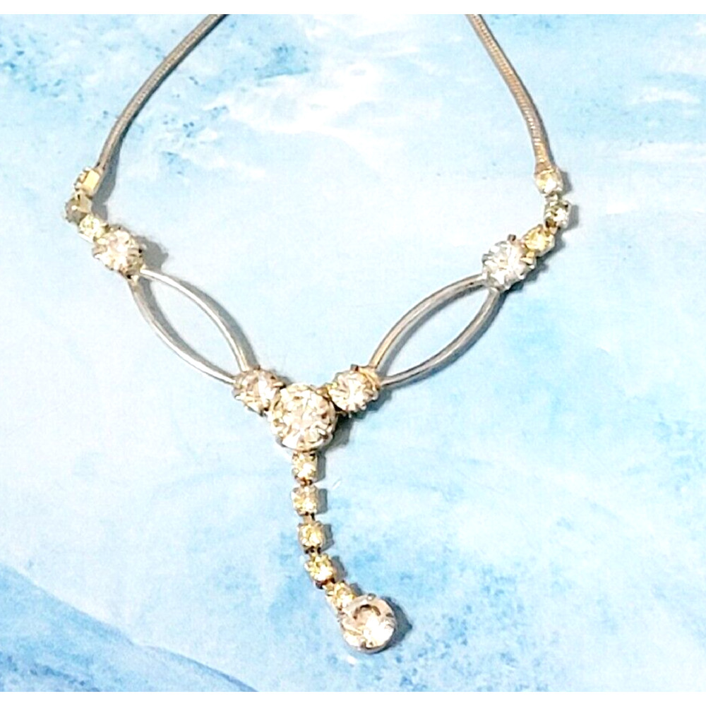 Rhinestone Bib Necklace, Silver-tone, Mid-Century Sparkly Drop Pendant wh03-30 - Picture 2 of 8